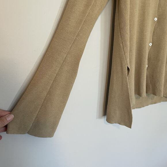Y2K Silk Blend Knit Cardigan Size XS Tan Studio M Preppy Coastal Classic Teacher - Picture 2 of 8